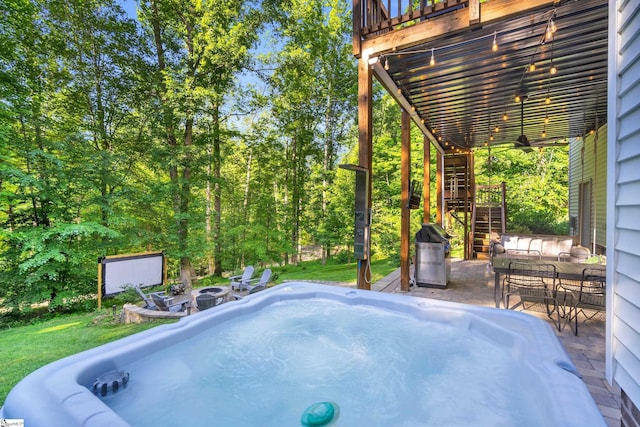 118 Perry Hill Rd, Easley, SC 29640 - view of patio / terrace with stairway, a fire pit, a grill, a hot tub, and a deck