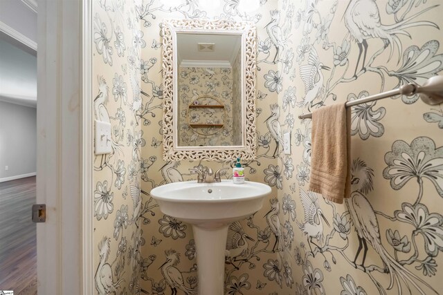 236 S Park Dr, Spartanburg, SC 29302 - half bath featuring wallpapered walls, baseboards, and wood finished floors