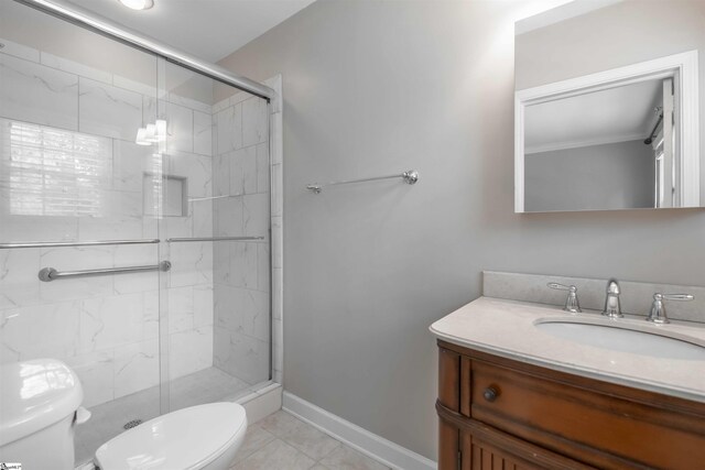 236 S Park Dr, Spartanburg, SC 29302 - bathroom with toilet, a shower stall, vanity, baseboards, and ornamental molding