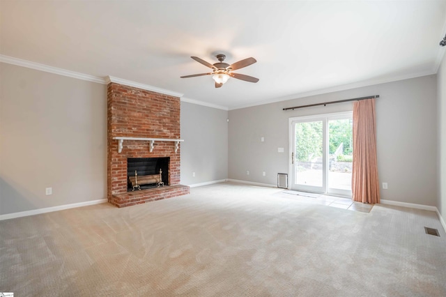 236 S Park Dr, Spartanburg, SC 29302 - unfurnished living room with a ceiling fan, light carpet, ornamental molding, baseboards, and a fireplace