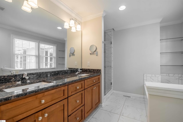 236 S Park Dr, Spartanburg, SC 29302 - bathroom with crown molding, marble look tiles, double vanity, a shower stall, and baseboards