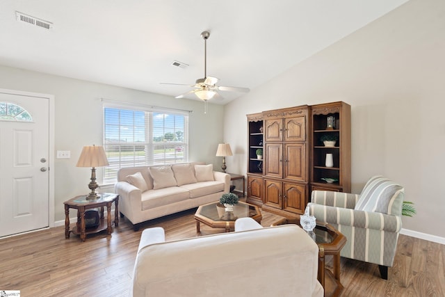 410 Garden Gate Ct, Duncan, SC 29334 - living room with a ceiling fan, baseboards, light wood-style flooring, and vaulted ceiling