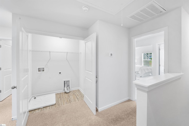 116 Southridge Ct, Easley, SC 29642 - washroom with attic access, electric dryer hookup, washer hookup, light colored carpet, and baseboards