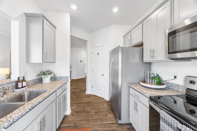 116 Southridge Ct, Easley, SC 29642 - kitchen with appliances with stainless steel finishes, dark wood-style flooring, a sink, light stone countertops, and recessed lighting