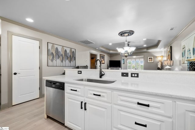 30 Eaglecrest Ct, Simpsonville, SC 29681 - kitchen featuring stainless steel dishwasher, a sink, a tray ceiling, a chandelier, and light wood-style floors