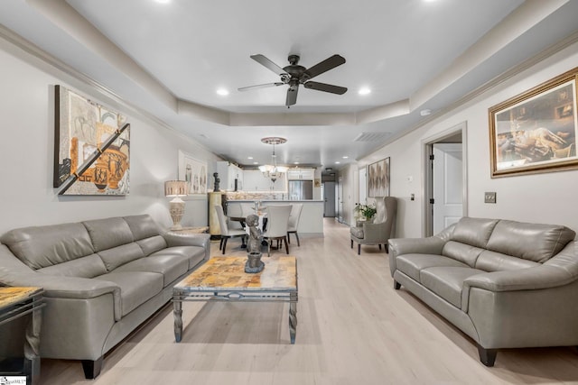 30 Eaglecrest Ct, Simpsonville, SC 29681 - living area with a ceiling fan, recessed lighting, a raised ceiling, light wood finished floors, and a chandelier