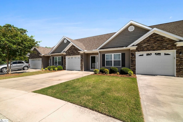30 Eaglecrest Ct, Simpsonville, SC 29681 - craftsman inspired home featuring stone siding, concrete driveway, a garage, a front yard, and roof with shingles