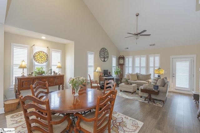 101 Greensdale Ln, Easley, SC 29642 - dining space featuring high vaulted ceiling, ceiling fan, plenty of natural light, and wood finished floors