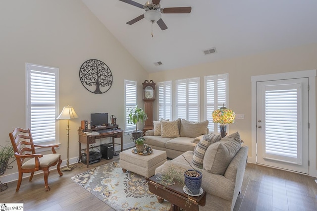 101 Greensdale Ln, Easley, SC 29642 - living room featuring ceiling fan, high vaulted ceiling, plenty of natural light, wood finished floors, and baseboards