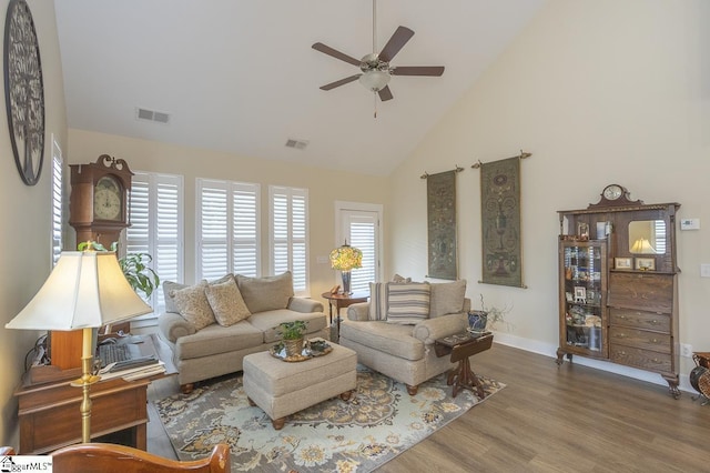 101 Greensdale Ln, Easley, SC 29642 - living area featuring a ceiling fan, wood finished floors, high vaulted ceiling, and baseboards