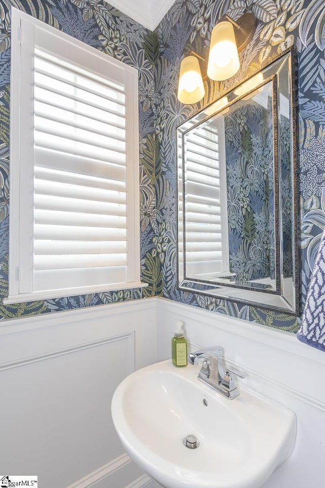 101 Greensdale Ln, Easley, SC 29642 - bathroom featuring wallpapered walls, a sink, wainscoting, and plenty of natural light