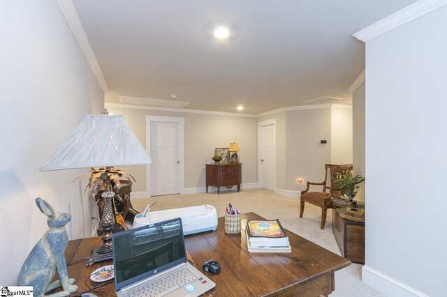 101 Greensdale Ln, Easley, SC 29642 - carpeted living area featuring ornamental molding, attic access, baseboards, and recessed lighting