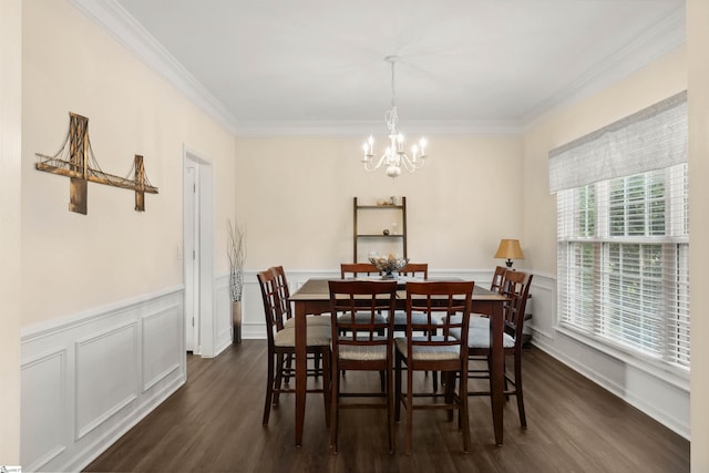 105 Franklin Meadow Way, Greer, SC 29651 - dining area with a chandelier, dark wood-style floors, ornamental molding, a wainscoted wall, and a decorative wall
