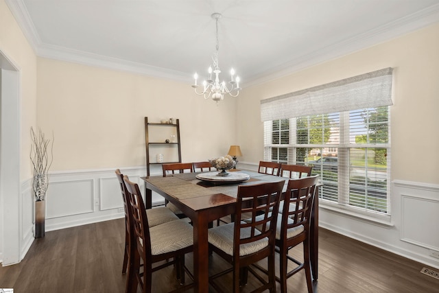 105 Franklin Meadow Way, Greer, SC 29651 - dining room with a chandelier, crown molding, dark wood-style floors, and wainscoting