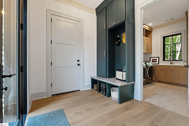189 Crowne Hill Way, Marietta, SC 29661 - mudroom with independent washer and dryer, light wood-style flooring, a sink, and attic access