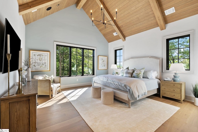 189 Crowne Hill Way, Marietta, SC 29661 - bedroom with a chandelier, high vaulted ceiling, wood ceiling with exposed beams, light wood-style flooring, and baseboards