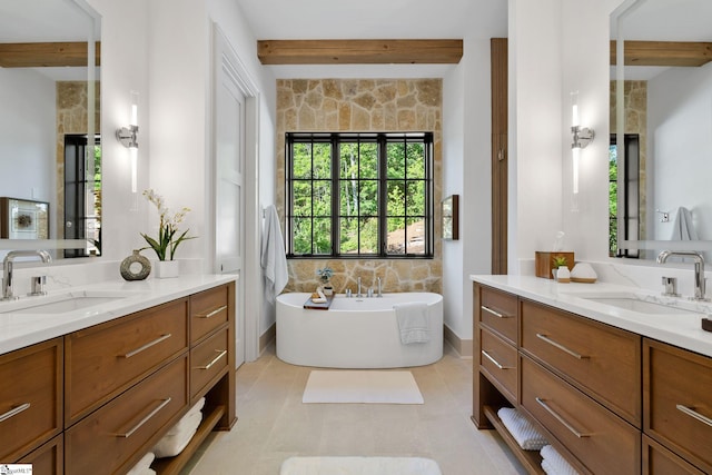 189 Crowne Hill Way, Marietta, SC 29661 - full bath with beamed ceiling, two vanities, a freestanding tub, and tile patterned floors