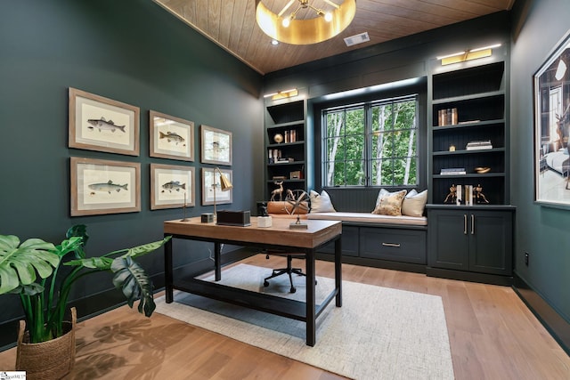 189 Crowne Hill Way, Marietta, SC 29661 - office area with wooden ceiling, built in features, light wood-style floors, and baseboards