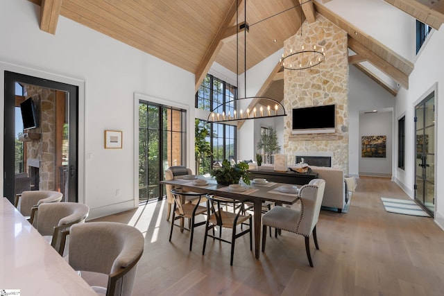 189 Crowne Hill Way, Marietta, SC 29661 - dining space featuring a chandelier, a fireplace, high vaulted ceiling, wood ceiling with exposed beams, and light wood finished floors