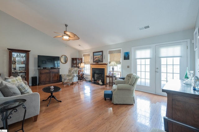 29 River Birch Way, Greer, SC 29650 - living area featuring light wood finished floors, a fireplace, lofted ceiling, and a ceiling fan