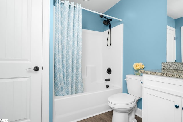 216 Country Gln, Pelzer, SC 29669 - bathroom with vanity, shower / bathtub combination with curtain, toilet, and wood finished floors