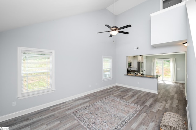 216 Country Gln, Pelzer, SC 29669 - unfurnished living room featuring wood finished floors, high vaulted ceiling, ceiling fan, baseboards, and a sink