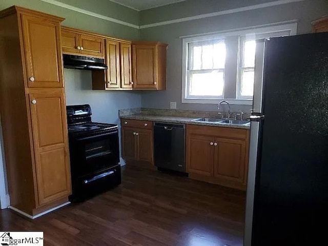 8 Sue Cleveland School Rd, Piedmont, SC 29673 - kitchen with dishwasher, freestanding refrigerator, black electric range oven, a sink, and under cabinet range hood