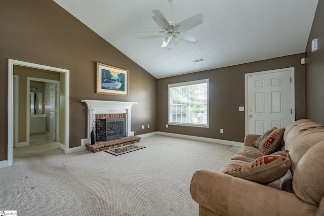 14 Saint Thomas Ct, Greer, SC 29651 - living area featuring a fireplace, light carpet, baseboards, a ceiling fan, and lofted ceiling
