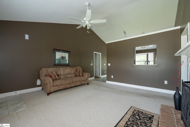 14 Saint Thomas Ct, Greer, SC 29651 - carpeted living room with ceiling fan, baseboards, and high vaulted ceiling