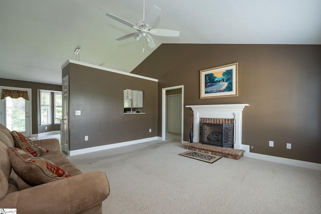 14 Saint Thomas Ct, Greer, SC 29651 - living room featuring ceiling fan, baseboards, a brick fireplace, light colored carpet, and high vaulted ceiling