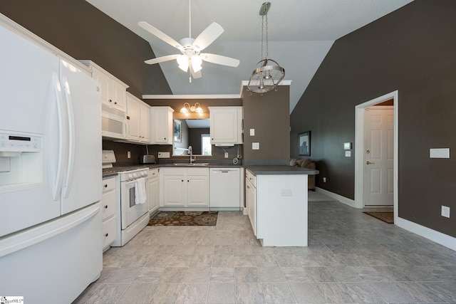 14 Saint Thomas Ct, Greer, SC 29651 - kitchen with white appliances, a sink, a peninsula, dark countertops, and high vaulted ceiling