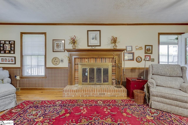 101 N Lady Slipper Ln, Greer, SC 29650 - living room featuring a wainscoted wall, a fireplace, wood finished floors, crown molding, and a textured ceiling