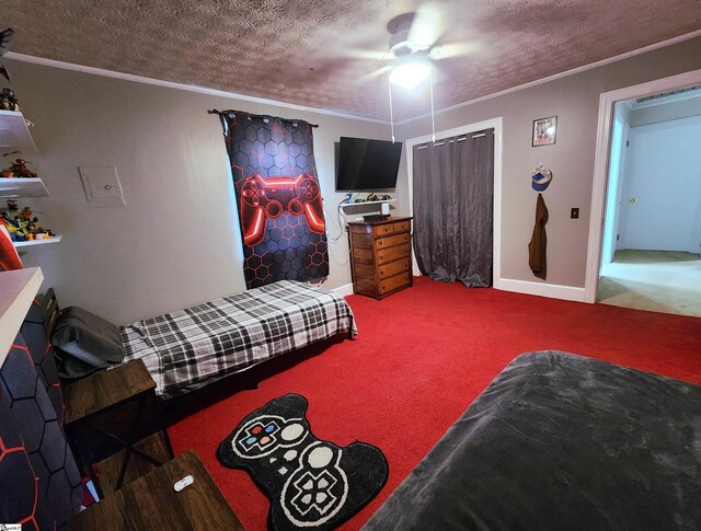1104 Robert P Jeanes Rd, Easley, SC 29640 - bedroom with carpet, a textured ceiling, baseboards, ornamental molding, and a ceiling fan