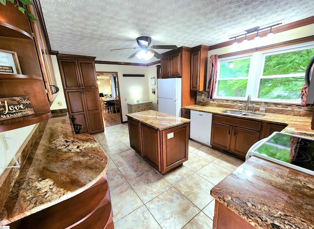 1104 Robert P Jeanes Rd, Easley, SC 29640 - kitchen featuring white appliances, a sink, crown molding, ceiling fan, and light stone counters