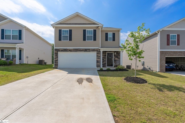 206 Bonifay Dr, Fountain Inn, SC 29644 - view of front of property featuring a garage, driveway, stone siding, and a front lawn
