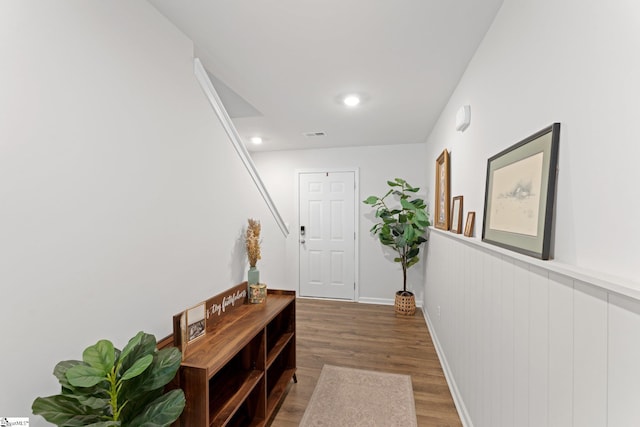 206 Bonifay Dr, Fountain Inn, SC 29644 - corridor featuring wood finished floors, stairs, recessed lighting, and baseboards