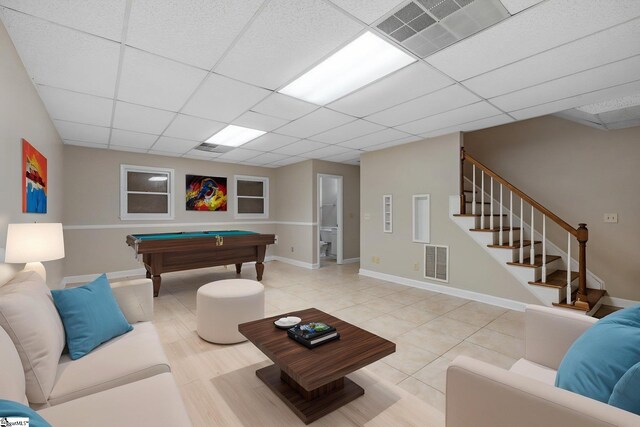 28 Bernwood Dr, Taylors, SC 29687 - recreation room with billiards table, a drop ceiling, light tile patterned flooring, and baseboards