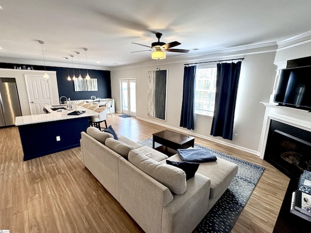 200 Odie Dr, Simpsonville, SC 29681 - living room with plenty of natural light, a ceiling fan, ornamental molding, a fireplace, and light wood-style flooring