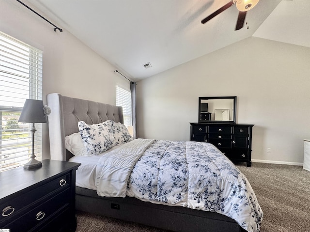 200 Odie Dr, Simpsonville, SC 29681 - bedroom with dark colored carpet, lofted ceiling, a ceiling fan, and baseboards