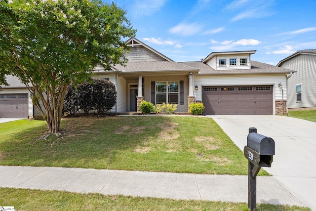 239 Applehill Way, Simpsonville, SC 29681 - craftsman-style house with a garage, driveway, a front lawn, stone siding, and roof with shingles
