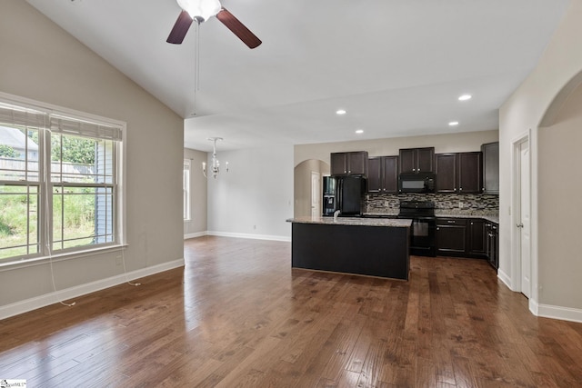 239 Applehill Way, Simpsonville, SC 29681 - kitchen featuring black appliances, a ceiling fan, a chandelier, tasteful backsplash, and dark wood-style flooring