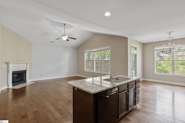 239 Applehill Way, Simpsonville, SC 29681 - kitchen with black dishwasher, a sink, open floor plan, wood finished floors, and ceiling fan