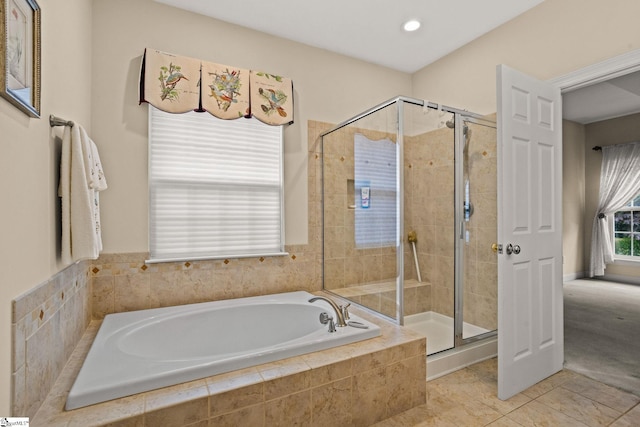 27 Grossmont Dr, Fountain Inn, SC 28644 - bathroom with a bath, a shower stall, tile patterned flooring, and recessed lighting