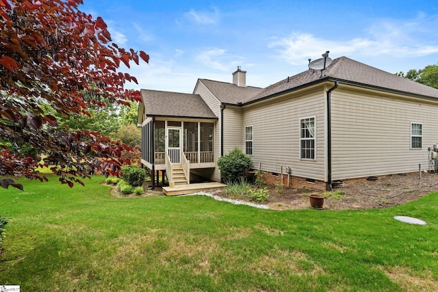 27 Grossmont Dr, Fountain Inn, SC 28644 - back of house featuring a sunroom, a shingled roof, a lawn, a chimney, and crawl space