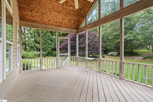 27 Grossmont Dr, Fountain Inn, SC 28644 - unfurnished sunroom featuring a ceiling fan, lofted ceiling, and view of scattered trees