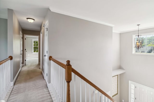 1073 Corie Crest Dr, Boiling Springs, SC 29316 - corridor featuring an upstairs landing, a chandelier, and light carpet