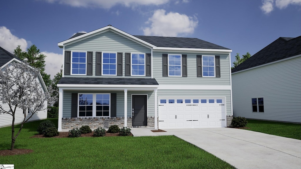 1443 Macedonia Rd Lot 5, Gaffney, SC 29341 - traditional home featuring stone siding, a garage, driveway, and a front lawn