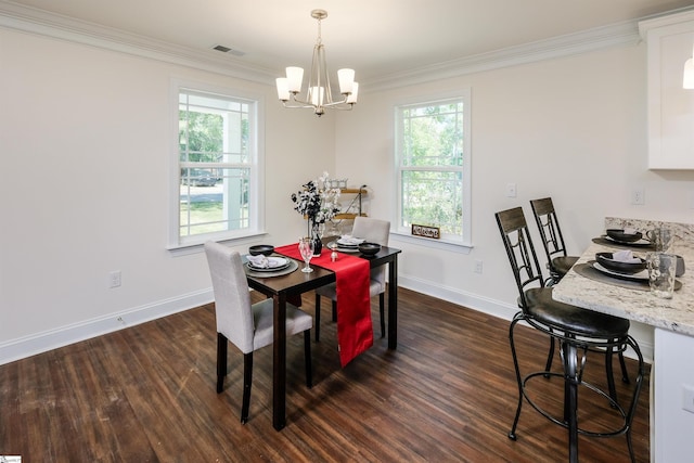 101 Poplar Ave, Belton, SC 29627 - dining room featuring a chandelier, plenty of natural light, crown molding, baseboards, and dark wood-style floors