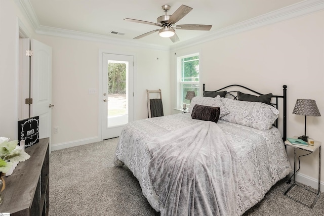 101 Poplar Ave, Belton, SC 29627 - carpeted bedroom featuring ornamental molding, access to outside, baseboards, and a ceiling fan