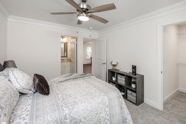 101 Poplar Ave, Belton, SC 29627 - bedroom with ornamental molding, carpet flooring, baseboards, a ceiling fan, and ensuite bath